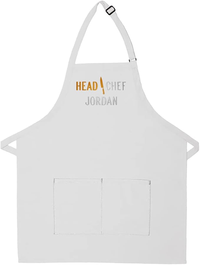 Personalized Adult Apron for Dad, Men Women Embroidered Head Chef Design Customizable 2 Pocket Apron
