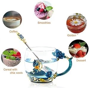 1 Set Coffee Cup Tea Mug with Spoon Set Handmade Enamel Butterfly Flower for Women Man，Father's Day, Mother's Day, Valentine's Day gifts (2 Pack)