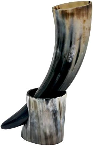 Real Drinking Horn Mug with Stand Cups Ale Beer Wine Goblet Chalice Tankard Beaker Vessels(Withhornstand,400ml-450ml)