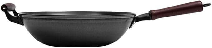 14inch Cast Iron Flat-bottom Wok, Traditional Chinese Cooking Pan, Saute Stir-Fry Cookware with Wooden Handle, Physical Non Stick, Use on Induction, Electric, Gas, Open Fire,BBQ,Grill &Camping