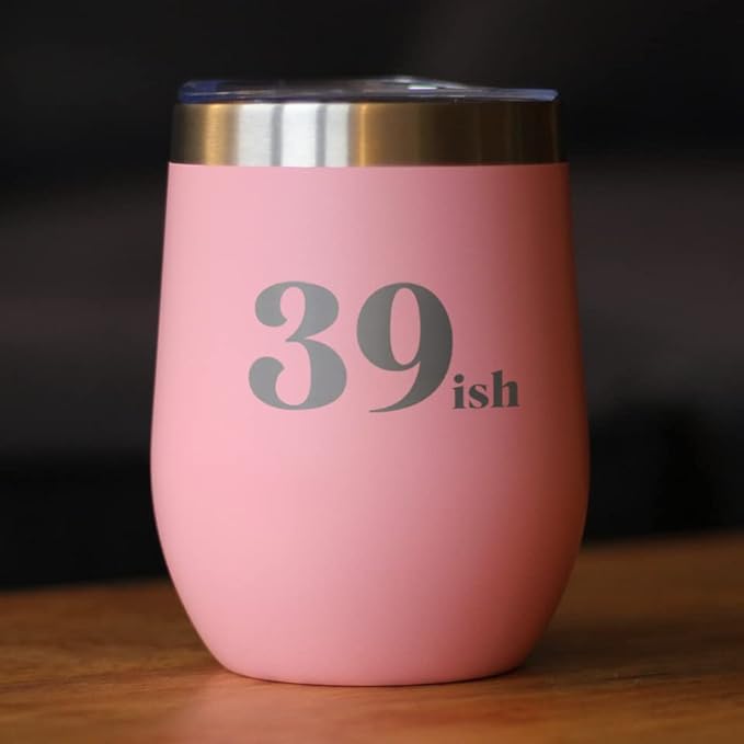 Bevvee 39ish - Funny 40th Birthday Wine Tumbler Glass with Sliding Lid - Stainless Steel Insulated Mug - Bday Party Decorations for Women Turning 40 - Pink