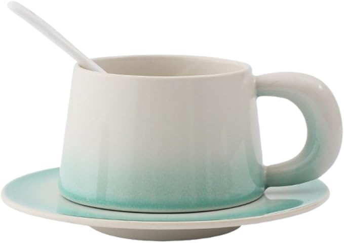 Ceramic Cappuccino Cup and Saucer Set, 8 oz, White with Pink Gradient, Microwave Safe, with Spoon (green)
