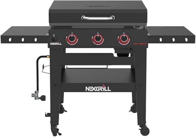 Nexgrill Daytona 3-Burner Propane Gas Griddle with Side Tables, 45000 BTUs Flat Top Grill, 630 SQ. in. Hot Rolled Steel Cooking Space, Outdoor Cooking Barbeque, Black - 720-1057B