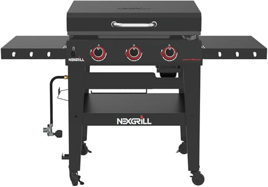 Nexgrill Daytona 3-Burner Propane Gas Griddle with Side Tables, 45000 BTUs Flat Top Grill, 630 SQ. in. Hot Rolled Steel Cooking Space, Outdoor Cooking Barbeque, Black - 720-1057B