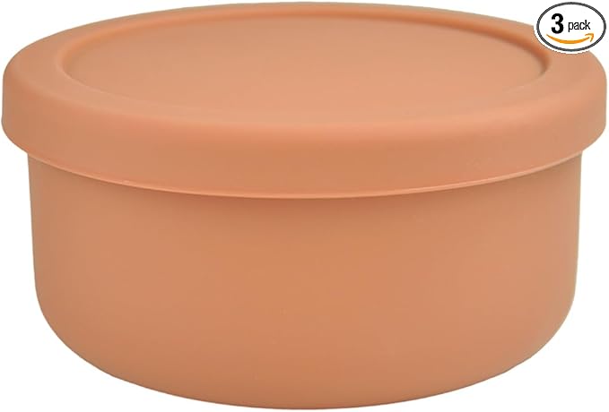 XU&PEIQI 24oz Silicone Food Storage Containers,Round Bowls with Lids - Meal Prep Containers for Kitchen Serving, Salad & Lunch - Airtight, Microwave/Fridge/Dishwasher Safe, BPA-Free (Brown, 3PACK)