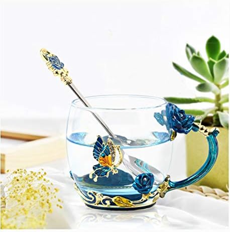 Summer Enamel Camping Tea Mug, Coffee Cup with Spoon Set Clear Glass Handmade Enamel Butterfly Flower,Mother's Day,Father's Day，Birthday,Christmas Gift(11 oz)…