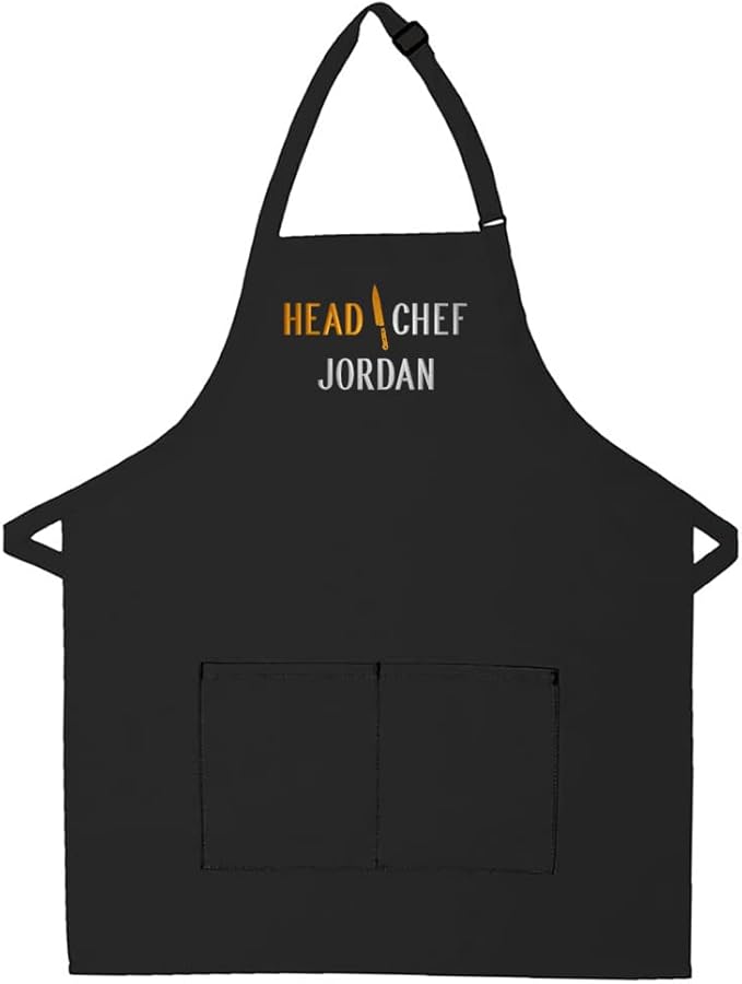 Personalized Adult Apron for Dad, Men Women Embroidered Head Chef Design Customizable 2 Pocket Apron