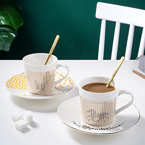 Mirror Reflection Coffee Cup Plate Luxury Afternoon Tea Set Ceramic Running Horse/Deer/Hummingbird Mug(C-Gold,225ML)