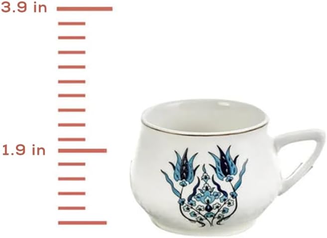 KARACA Iznik New Form Turkish Coffee Cup Set of 6, (12 Piece) Cups with Saucers - 3.3 fl oz Small Porcelain Espresso Set - Ideal for Serving Greek, Arabic Coffee