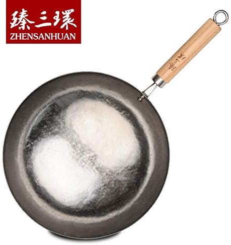 臻三环 ZhenSanHuan Chinese Hand Hammered Iron Pow Woks and Stir Fry Pans Wooden Handle (Silver-34cm)