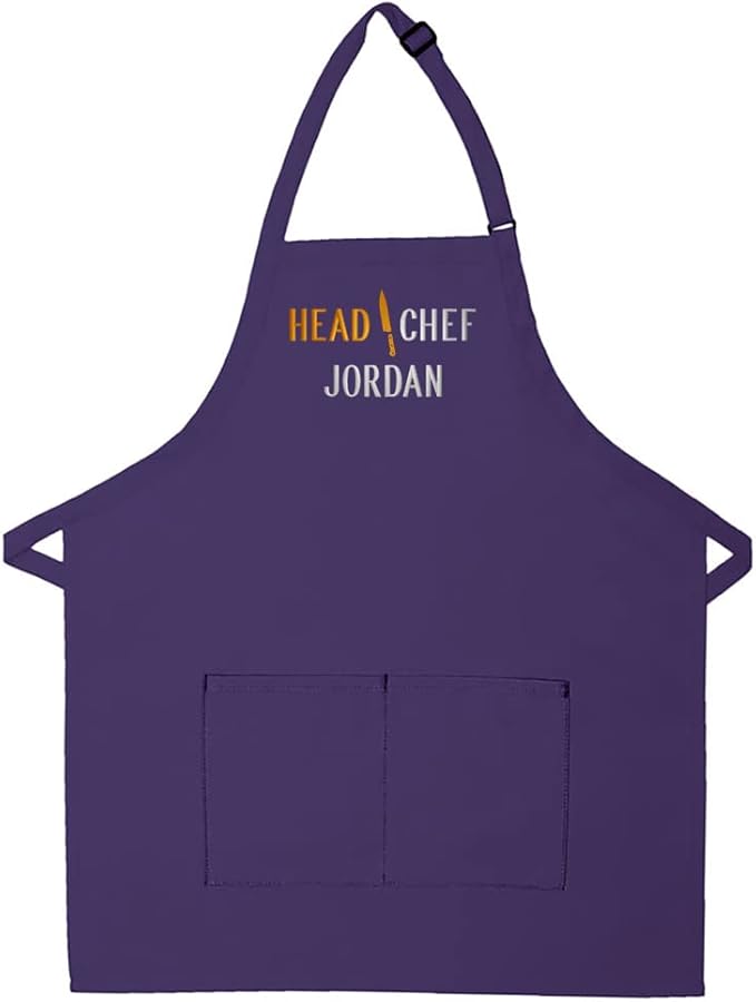 Personalized Adult Apron for Dad, Men Women Embroidered Head Chef Design Customizable 2 Pocket Apron