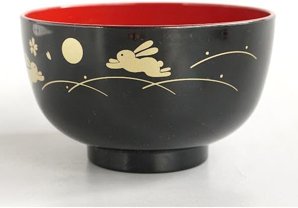 JapanBargain, 10-Pack Japanese Lacquer Rice Bowls, Bunny & Moon Pattern, Black/Red Miso Soup Bowls, 4.25-inch, Made in Japan