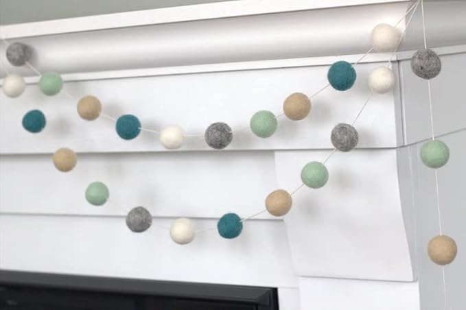 Teal, Seafoam, Almond, Gray, White Felt Ball Garland- 6 ft String with 24 Adjustable Balls, Measuring 1" Each - Handmade Wool Felt Ball Garland