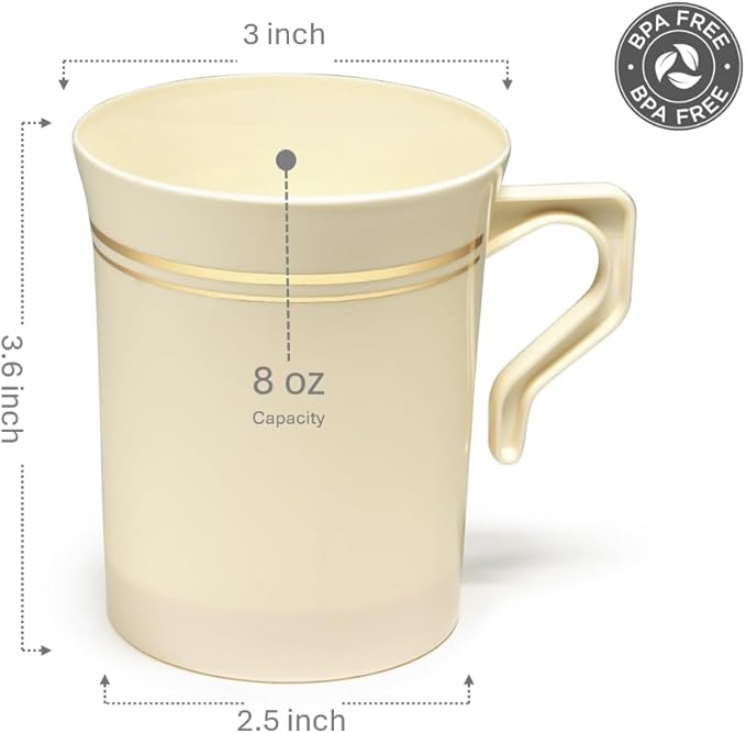 OCCASIONS 40 Pack Disposable Coffee Mugs with Handles, 8oz Heavyweight Plastic Tea Cups for Hot & Cold Beverages, Wedding Party Events - Ivory & Gold Rim
