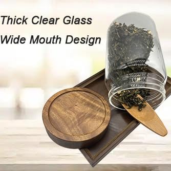 Clear Glass Storage Canister with Airtight Wooden Screw Lid 33oz/1000g 2 PACK with Tray,Decorative Container Jar for Coffee,Spice,Candy,Salt,Cookie,Condiment,Pepper,Sugar,Overnight Oatmeal