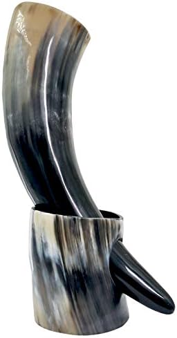 Real Drinking Horn Mug with Stand Cups Ale Beer Wine Goblet Chalice Tankard Beaker Vessels(Withhornstand,400ml-450ml)