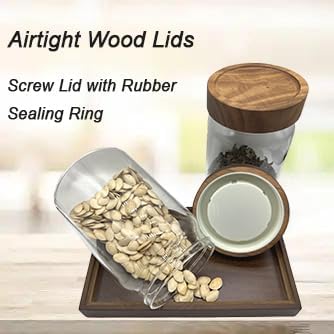 Clear Glass Storage Canister with Airtight Wooden Screw Lid 33oz/1000g 2 PACK with Tray,Decorative Container Jar for Coffee,Spice,Candy,Salt,Cookie,Condiment,Pepper,Sugar,Overnight Oatmeal