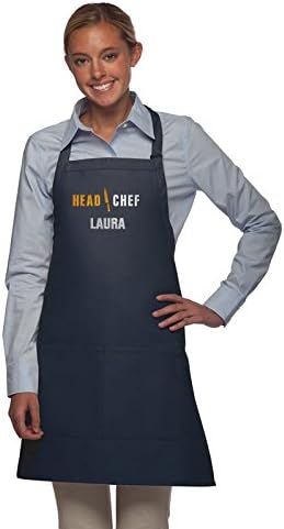 Personalized Adult Apron for Dad, Men Women Embroidered Head Chef Design Customizable 2 Pocket Apron