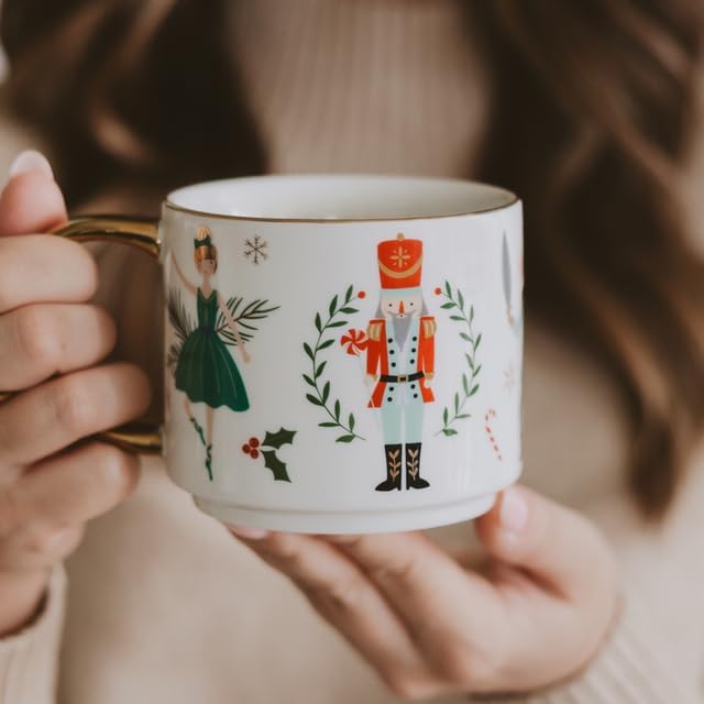 Sweet Water Decor Nutcracker Coffee Mug, 14oz China Christmas Mug with Gold Handle, Large Holiday Winter Cup for Coffee, Tea & Hot Chocolate, Stocking Stuffer Gifts for Women