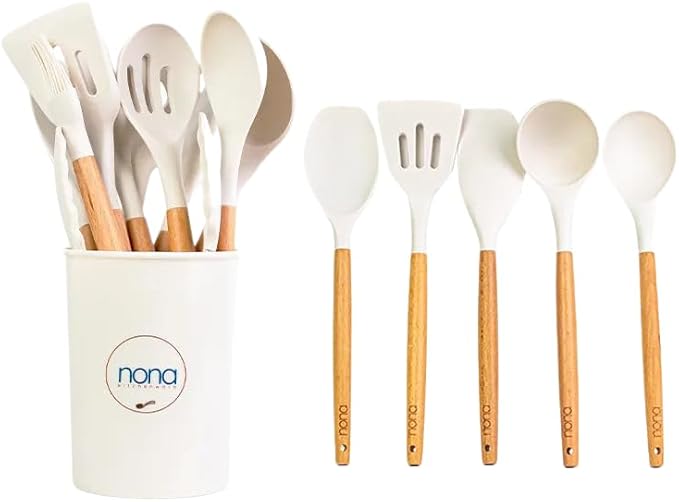 Silicone Cooking Utensils Set, 12 PCS Nonstick, BPA-Free, Wooden Handle, Non Toxic, Ideal for Home & Professional Kitchens