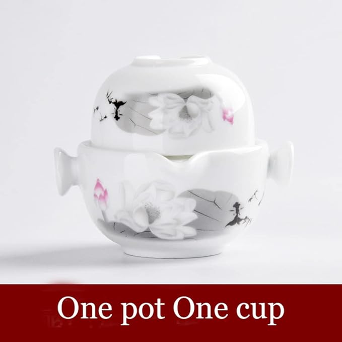 Liang baobao Convenient Teapot Cup Porcelain Teacup White Glazed Travel tea set (Ink Painting Lotus)