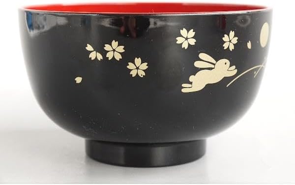 JapanBargain, 10-Pack Japanese Lacquer Rice Bowls, Bunny & Moon Pattern, Black/Red Miso Soup Bowls, 4.25-inch, Made in Japan