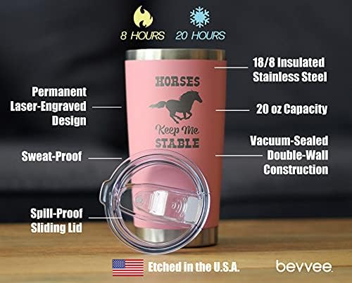 Bevvee Horses Keep Me Stable - Insulated Coffee Tumbler Cup with Sliding Lid - Stainless Steel Insulated Mug - Horse Themed Coffee Gifts - Pink