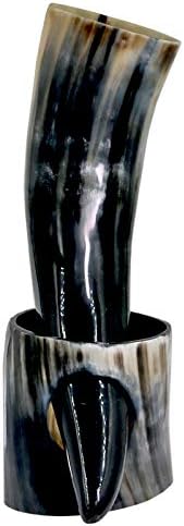 Real Drinking Horn Mug with Stand Cups Ale Beer Wine Goblet Chalice Tankard Beaker Vessels(Withleatherholder,501-600ml)