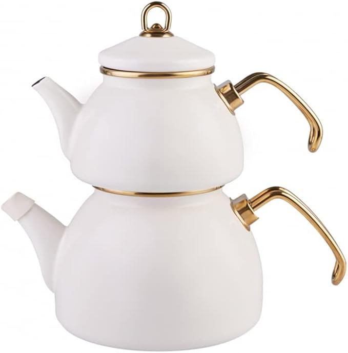 Karaca Retro Teapot Set Cream, Enamel, Teapot/Lid (1.1 lt, 2.4 lb), Tea Kettle (2.3 lt, 5 lb), Titanium Coated Handles, Suitable for Induction