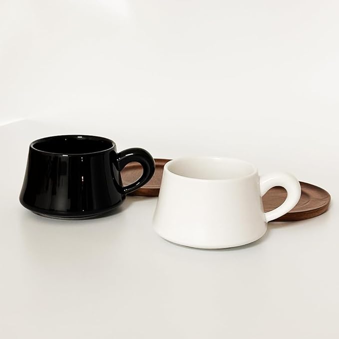 Set of 1 Ceramic Tea White Cup and Wood Saucer - 7 oz Tea Mug - Wide Cappuccino Cup, Coffee Cups for Cappuccino, Latte, Espresso, Americano