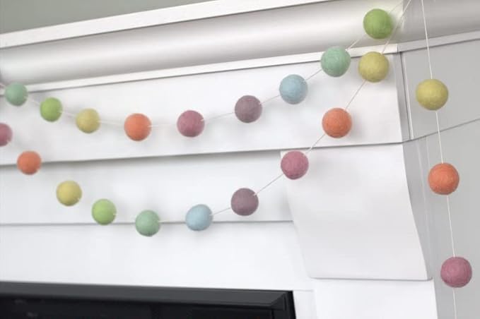 Pastel Rainbow Felt Ball Garland- 6 ft String with 24 Adjustable Balls, Measuring 1" Each - Handmade Wool Felt Ball Garland