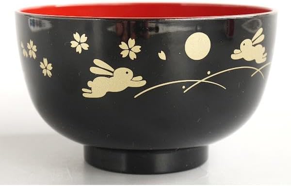 JapanBargain, 10-Pack Japanese Lacquer Rice Bowls, Bunny & Moon Pattern, Black/Red Miso Soup Bowls, 4.25-inch, Made in Japan