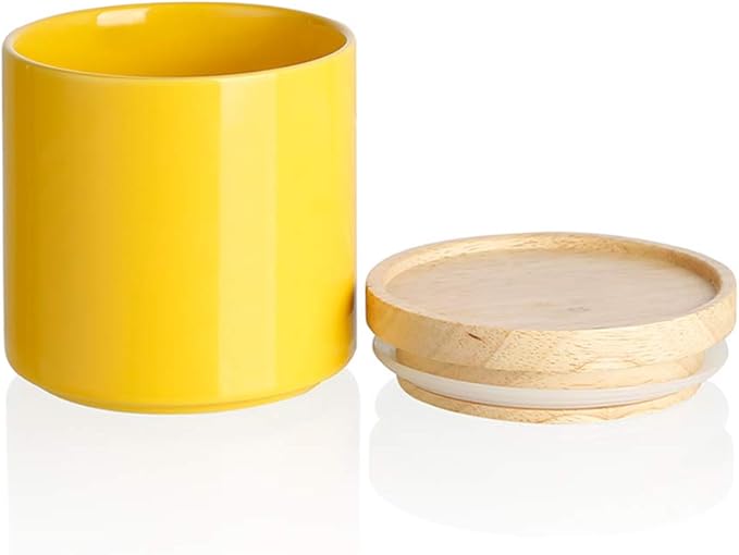 Sweejar Kitchen Canisters Ceramic Food Storage Jar, Stackable Containers with Airtight Seal Wooden Lid for Serving Ground Coffee, Tea, Sugar, Salt and More - 16 Fl Oz (Yellow)