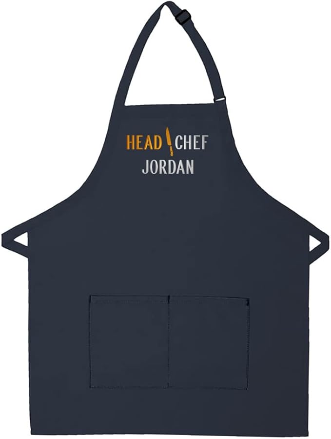 Personalized Adult Apron for Dad, Men Women Embroidered Head Chef Design Customizable 2 Pocket Apron