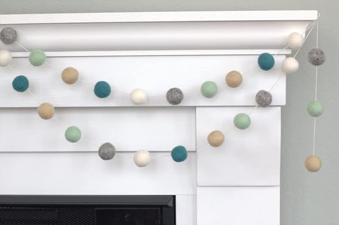 Teal, Seafoam, Almond, Gray, White Felt Ball Garland- 6 ft String with 24 Adjustable Balls, Measuring 1" Each - Handmade Wool Felt Ball Garland