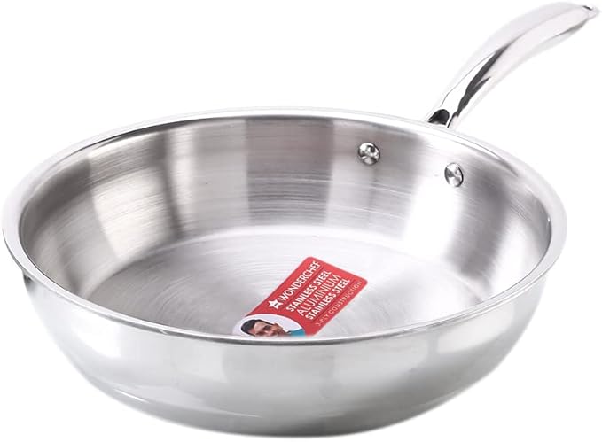 Wonderchef Nigella Tri-ply Stainless Steel 24 cm Fry Pan 2 litres 2.6mm Thickness with Induction Base Compatible with All cooktops Riveted Cool-Touch Handle 10 Year 20 cm Silver