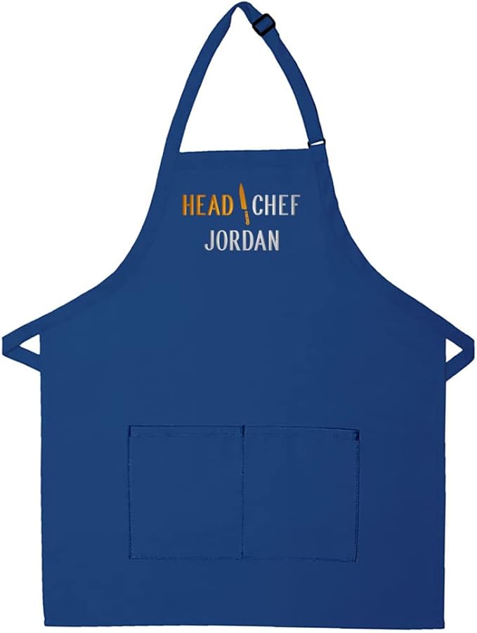 Personalized Adult Apron for Dad, Men Women Embroidered Head Chef Design Customizable 2 Pocket Apron