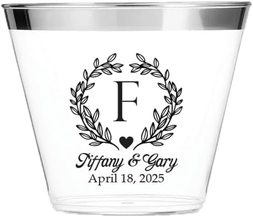 Personalized Elegant Monogram 9oz Gold or Silver Rimmed Clear Plastic Cups for Wedding, Anniversary, Engagement Party or Any Dinner Party Favors. Simple and Luxurious with the ease of disposable, BPA-