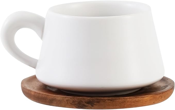 Set of 1 Ceramic Tea White Cup and Wood Saucer - 7 oz Tea Mug - Wide Cappuccino Cup, Coffee Cups for Cappuccino, Latte, Espresso, Americano