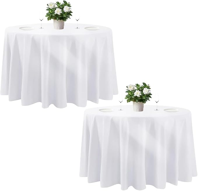 Cuckan 120 Inch Round Tablecloth, 2 Pack White Stain Resistant and Wrinkle-Free Polyester Table Cover for Wedding, Banquet, Party, Restaurant– [White], [2-Pack]