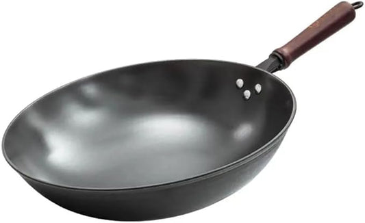 12.6Inch(32cm) Chinese Cast Iron Wok Pan, Stir-Frying Saute Cooking Pan Cookware No-Coatings Use on Gas stove, Campfire Open Fire Stir-Fry, Black Physical Non Stick