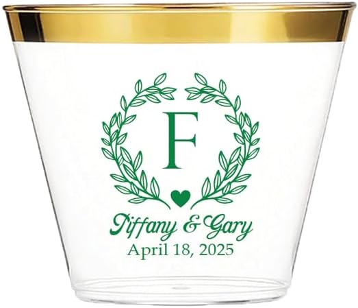 Personalized Elegant Monogram 9oz Gold or Silver Rimmed Clear Plastic Cups for Wedding, Anniversary, Engagement Party or Any Dinner Party Favors. Simple and Luxurious with the ease of disposable, BPA-