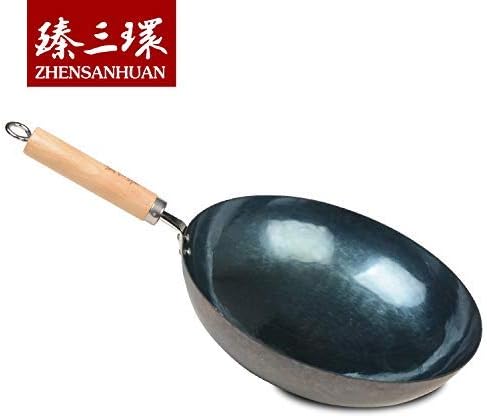 ZhenSanHuan Chinese Hand Hammered Iron Pow Woks and Stir Fry Pans Wooden Handle Round Bottom (30CM, Blue Black -Seasoned)