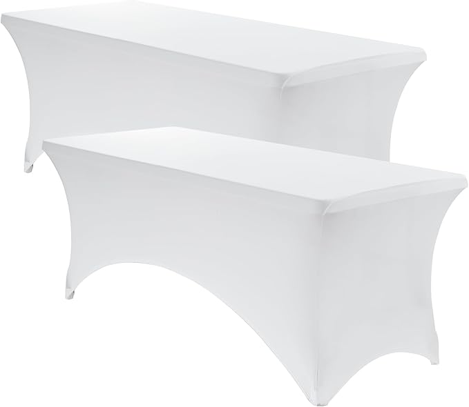 VidaFete Spandex Tablecloth 2 Pack 8FT, Fitted Stretch Table Cover for Rectangle Tables, Wrinkle Resistant and Washable Tablecloths for Outdoor, Picnic, Party, Wedding, Banquet, Birthday, White