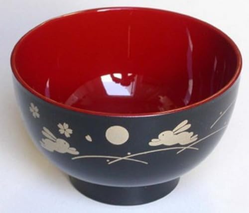 JapanBargain, 10-Pack Japanese Lacquer Rice Bowls, Bunny & Moon Pattern, Black/Red Miso Soup Bowls, 4.25-inch, Made in Japan