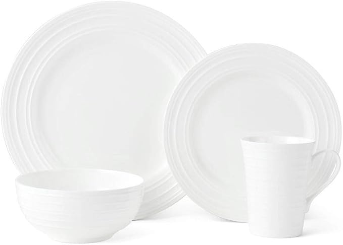Mikasa Ciara 16 Piece Bone China Dinnerware Set, Service for 4, Lightweight and Durable Plates Bowls and Mugs, Elegant White Dinnerware for Everyday Use