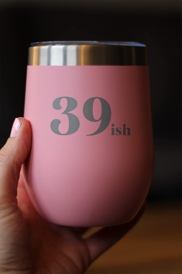 Bevvee 39ish - Funny 40th Birthday Wine Tumbler Glass with Sliding Lid - Stainless Steel Insulated Mug - Bday Party Decorations for Women Turning 40 - Pink