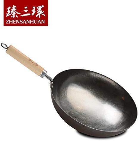 臻三环 ZhenSanHuan Chinese Hand Hammered Iron Pow Woks and Stir Fry Pans Wooden Handle (Silver-34cm)