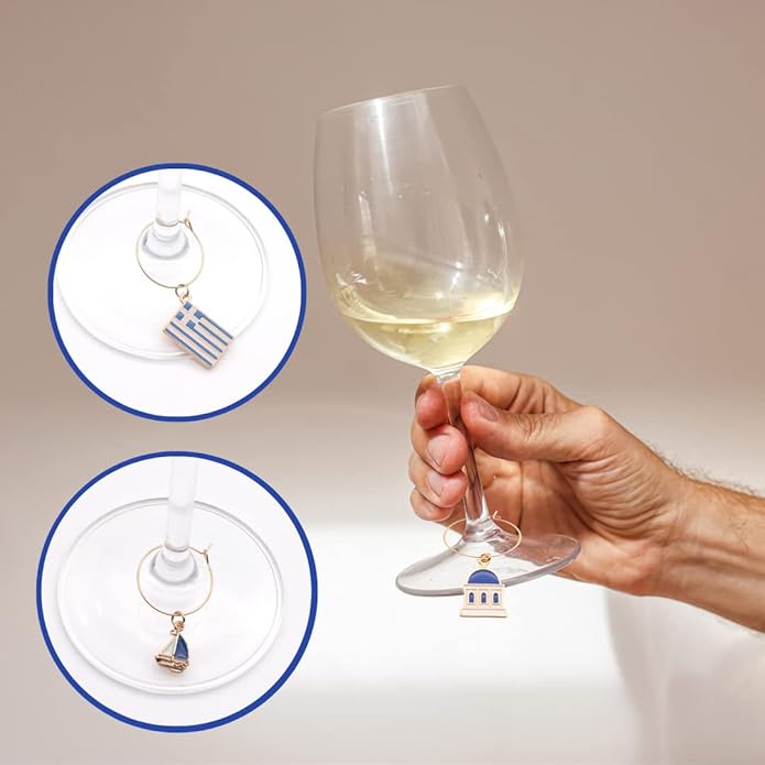 Serendipity Greek Wine Glass Charms, Gift for Greeks, Greece Inspired Glass Identifiers, Set Include 6 charms: Greek Flag, Santorini Chapel, Sun, Sunbed, Boat and Grape, Greek Woman Gift