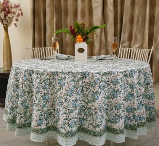 Ridhi Block Print Round Sage and Russian Green Reusable Tablecloth 100% Cotton 110" Inch Decorative Table Cover eveyday Dining, Home, Party, Wedding, Farmhouse Gift for Spring, Easter, Valentine